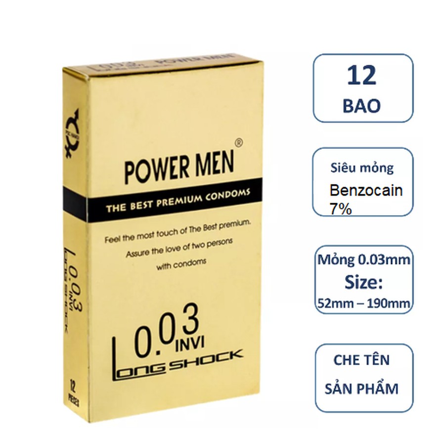 Bao Cao Su Power Men 0.03 Invi Long Shock, Siêu Mỏng, Tăng Thời Gian Quan Hệ, Hộp 12 Cái