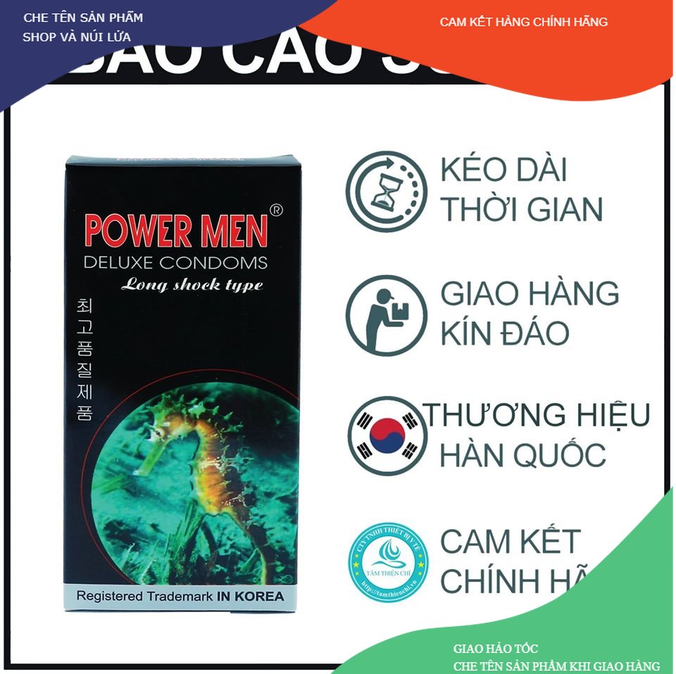 Bao Cao Su Gân, Gai, Bi, Chống Xuất Tinh Sớm Powermen Cá Ngựa Hộp 12 Chiếc