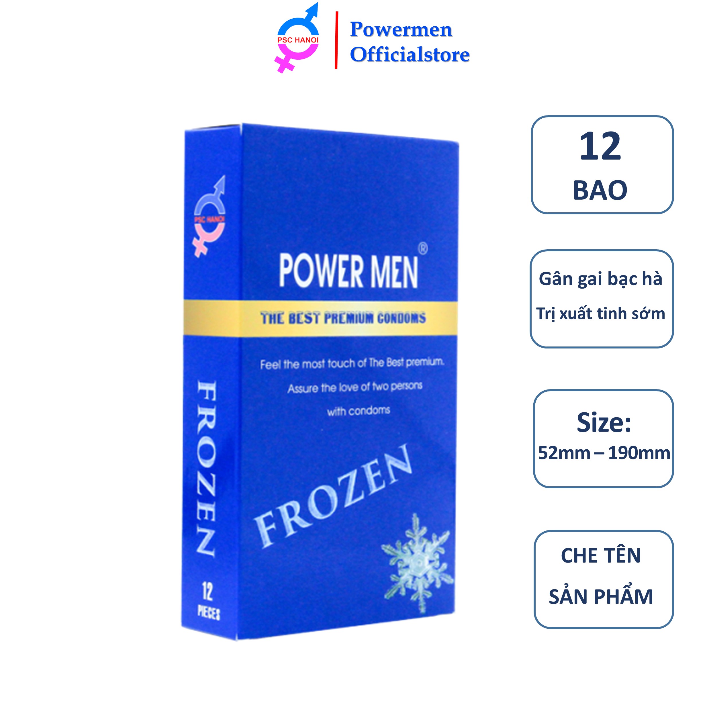 Bao Cao Su POWER MEN FROZEN ,Gân Gai ,Tăng Khoái Cảm, Hương Bạc Hà Mát Lạnh, Kéo Dài Thời Gian, Hộp12 Cái
